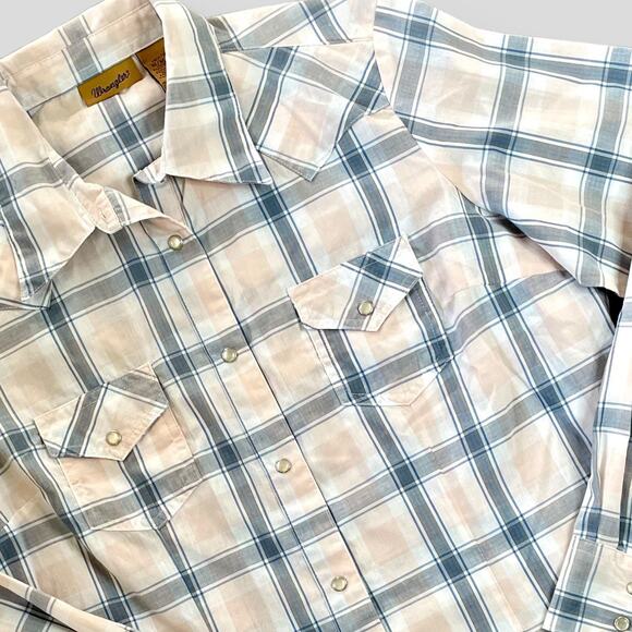 WRANGLER BUTTON DOWN SNAP CLOSE LONG SLEEVE SHIRT PLAID CHECK PINK BLUE MEDIUM - Picture 3 of 10